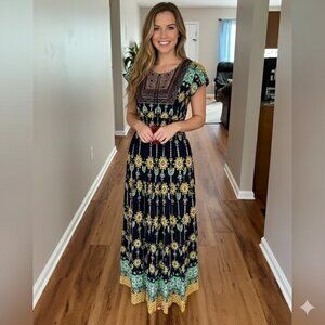 Natale embroidered cap sleeve colorful smocked tassel tie neck maxi Boho dress S